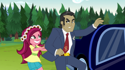 Size: 1920x1080 | Tagged: safe, screencap, filthy rich, gloriosa daisy, equestria girls, g4, my little pony equestria girls: legend of everfree, car, dollar sign, duo, female, grin, holding back, limousine, male, nervous, nervous smile, smiling