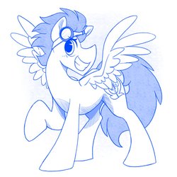 Size: 1643x1643 | Tagged: safe, artist:bcpony, soarin', pegasus, pony, g4, goggles, grin, looking at you, male, monochrome, raised hoof, smiling, solo, spread wings, stallion, wings
