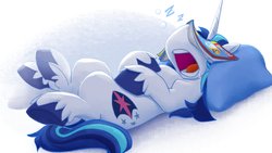 Size: 1878x1056 | Tagged: safe, artist:bcpony, shining armor, pony, unicorn, g4, comic book, cute, drool, facebooking, leg twitch, male, on back, open mouth, pillow, shining adorable, sleeping, snoring, solo, stallion, unshorn fetlocks, zzz