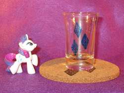 Size: 2064x1547 | Tagged: safe, artist:malte279, rarity, g4, coaster, cork, craft, cutie mark, glass, glass painting, pyrography, shot glass, traditional art