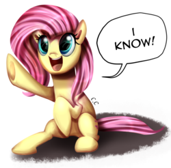Size: 850x838 | Tagged: safe, artist:candyclumsy, fluttershy, pony, g4, cute, dialogue, female, looking up, mare, open mouth, raised hoof, she knows, shyabetes, simple background, sitting, smiling, solo, speech bubble, three quarter view, white background, wingless