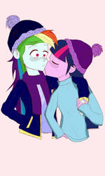 Size: 1152x1920 | Tagged: safe, artist:shdwsp, rainbow dash, twilight sparkle, equestria girls, g4, blushing, cheek kiss, clothes, eyes closed, female, hat, kissing, lesbian, scarf, ship:twidash, shipping, simple background, sweater, white background