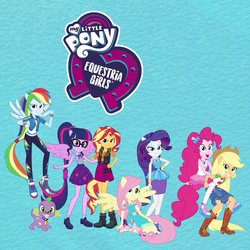 Size: 1030x1030 | Tagged: safe, applejack, fluttershy, pinkie pie, rainbow dash, rarity, sci-twi, spike, spike the regular dog, sunset shimmer, twilight sparkle, dog, equestria girls, equestria girls series, clothes, converse, equestria girls logo, geode of empathy, geode of fauna, geode of shielding, geode of sugar bombs, geode of super speed, geode of super strength, geode of telekinesis, humane five, humane seven, humane six, magical geodes, ponied up, shoes, sneakers, youtube