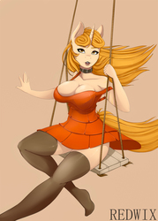 Size: 5000x7000 | Tagged: safe, artist:redwix, oc, oc only, oc:sandra dunes, unicorn, anthro, absurd resolution, anthro oc, breasts, choker, clothes, dress, female, looking at you, open mouth, orange background, simple background, sitting, socks, solo, stockings, swing, swinging, thigh highs, ych result