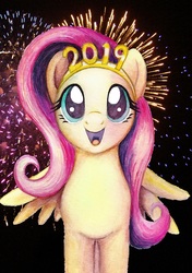 Size: 665x945 | Tagged: safe, artist:astevenamedwolf, fluttershy, pegasus, pony, g4, cute, dark background, female, fireworks, happy new year, holiday, mare, open mouth, shyabetes, solo, traditional art