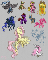 Size: 794x1000 | Tagged: safe, artist:dany-the-hell-fox, applejack, fluttershy, pinkie pie, princess celestia, princess luna, oc, alicorn, bat pony, duck pony, earth pony, pegasus, pony, g4, bat pony oc, bat wings, cowboy hat, cutie mark, female, flying, gray background, hat, hooves, horn, lineless, mare, raised hoof, simple background, sketch, smiling, spread wings, swanlestia, tongue out, wings