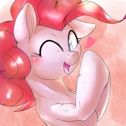 Size: 1536x1536 | Tagged: safe, artist:kurogewapony, pinkie pie, pony, g4, blushing, bust, colored pupils, cute, diapinkes, female, heart, hooves together, looking at you, one eye closed, open mouth, solo, wink