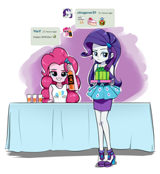 Size: 854x924 | Tagged: safe, artist:twilite-sparkleplz, pinkie pie, rarity, equestria girls, g4, my little pony equestria girls: better together, anime, annoyed, clothes, deviantart, female, happy birthday, high heels, looking at you, present, rarity peplum dress, shoes, smiling, soda