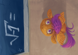 Size: 1277x912 | Tagged: safe, artist:dany-the-hell-fox, scootaloo, pegasus, pony, tabun art-battle, g4, chalkboard, female, filly, foal, hooves, imaginary number, looking at you, looking up, looking up at you, math, solo, spread wings, wide eyes, wings