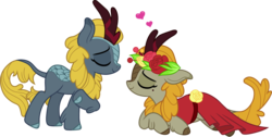 Size: 5943x3000 | Tagged: safe, artist:cloudy glow, fall flower, winter flame, kirin, g4, sounds of silence, clothes, cloven hooves, colored hooves, dress, duo, duo female, eyes closed, fallflame, female, floating heart, floral head wreath, flower, flower in hair, heart, simple background, smiling, transparent background, vector
