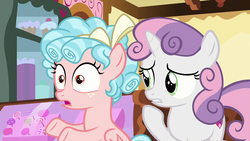 Size: 1280x720 | Tagged: safe, screencap, cozy glow, sweetie belle, pegasus, pony, unicorn, g4, marks for effort, bow, candy, concerned, curly hair, cutie mark, female, filly, food, freckles, hair bow, lollipop, shocked, sugarcube corner, sugarcube corner (interior), sweets, the cmc's cutie marks, worried