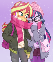 Size: 1200x1400 | Tagged: safe, artist:ta-na, sci-twi, sunset shimmer, twilight sparkle, equestria girls, g4, blushing, clothes, coat, cute, daaaaaaaaaaaw, duo, female, glasses, scarf, shared clothing, shared scarf