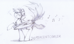 Size: 1280x760 | Tagged: safe, artist:glacierponi, rainbow dash, pegasus, pony, g4, 20% cooler, eyes closed, female, headphones, monochrome, music notes, sketch, solo, traditional art