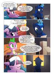 Size: 1024x1449 | Tagged: safe, artist:gashiboka, princess luna, spike, twilight sparkle, alicorn, dragon, pony, unicorn, comic:scar of solar, g4, bed, comic, diary, female, golden oaks library, magic, mare, pillow, telekinesis, this will end in tears and/or a journey to the moon, this will end in tears and/or a journey to the sun, this will not end well, unicorn twilight
