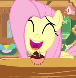 Size: 469x476 | Tagged: safe, artist:hereward, fluttershy, rarity, human, pony, equestria girls, equestria girls series, g4, 1000 hours in ms paint, chocolate, fetish, flutterpred, food, happy, imminent vore, mawshot, micro, op is a duck, op is trying to start shit, open mouth, pudding, rariprey, shrunk, story included, willing prey