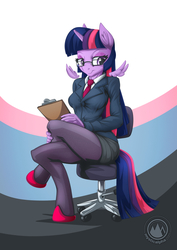 Size: 955x1351 | Tagged: safe, artist:mysticalpha, twilight sparkle, alicorn, anthro, unguligrade anthro, g4, business suit, chair, clothes, female, floating wings, glasses, mare, skirt, skirt suit, solo, suit, twilight sparkle (alicorn)