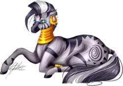 Size: 600x419 | Tagged: safe, artist:ohflaming-rainbow, zecora, pony, zebra, g4, female, prone, simple background, solo, transparent background