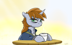 Size: 2400x1500 | Tagged: safe, artist:rutkotka, oc, oc only, oc:littlepip, pony, unicorn, fallout equestria, clothes, coffee, coffee mug, commission, fanfic, fanfic art, female, floppy ears, grumpy, hooves, horn, jumpsuit, lightbringer, looking at you, mare, mug, pipbuck, ringed, simple background, solo, tired, vault suit, ych result