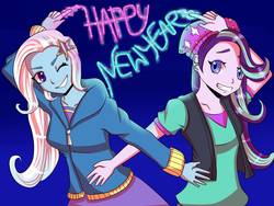 Size: 1632x1224 | Tagged: safe, artist:enadoodles, starlight glimmer, trixie, equestria girls, g4, female, happy new year, holiday, lesbian, ship:startrix, shipping