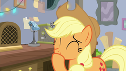 Size: 1280x720 | Tagged: safe, screencap, applejack, earth pony, pony, g4, mystery voice, ^^, cute, eyes closed, female, giggling, happy, jackabetes, mare, microphone, raised hoof, solo