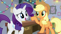 Size: 1280x720 | Tagged: safe, screencap, applejack, rarity, g4, mystery voice, duo, female, frown, mare, raised eyebrow
