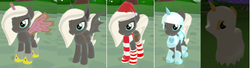 Size: 552x151 | Tagged: safe, oc, oc only, oc:woona (loe), bat pony, pony, unicorn, legends of equestria, all-i-corn, all-i-corn costume, bat ears, batpony costume, bedsheet ghost, canterlot, cantermore, clothes, costume, fangs, game screencap, ghost costume, halloween, halloween costume, harmonious armor, holiday, scarf, socks, stocking cap, striped socks, video game, wings