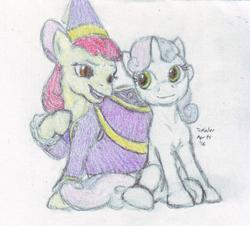 Size: 1451x1310 | Tagged: safe, artist:trefoiler, apple bloom, sweetie belle, earth pony, pony, unicorn, for whom the sweetie belle toils, g4, 2016, big smile, clothes, colored pencil drawing, dress, duo, female, filly, foal, hennin, looking at each other, open mouth, princess, princess apple bloom, simple background, smiling, smiling at each other, smirk, traditional art, white background