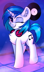 Size: 1299x2126 | Tagged: safe, artist:php97, dj pon-3, vinyl scratch, pony, unicorn, g4, female, headphones, looking at you, mare, one eye closed, record, solo, wink