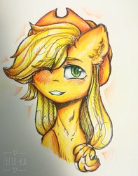 Size: 2857x3632 | Tagged: safe, artist:zefirka, applejack, pony, g4, female, hat, high res, one eye closed, simple background, smiling, solo, traditional art, white background, wink