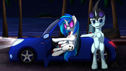 Size: 1280x720 | Tagged: safe, artist:calena, dj pon-3, neon lights, rising star, vinyl scratch, g4, car, female, male, ship:vinylights, shipping, straight