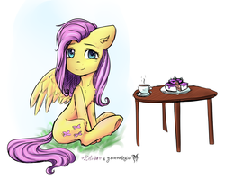 Size: 6000x4800 | Tagged: safe, artist:generallegion, artist:zefirka, fluttershy, pony, g4, absurd resolution, cake, collaboration, cup, cute, female, food, looking at you, mare, simple background, sitting, smiling, solo, table, tea, teacup