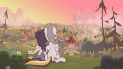 Size: 1280x720 | Tagged: safe, artist:brutalweather studio, oc, oc only, oc:kate, oc:kej, pegasus, pony, unicorn, animated, awww, boop, couple, cute, day, evening, female, flower, k+k, male, mare, morning, mountain, night, no sound, noseboop, ocbetes, ponyville, ponyville town hall, scenery, show accurate, stallion, stars, straight, sun, time-lapse, town, tree, webm, windmill