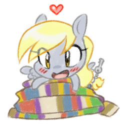Size: 750x750 | Tagged: safe, artist:jitterbugjive, derpy hooves, pegasus, pony, lovestruck derpy, g4, blushing, chibi, clothes, cute, derpabetes, doctor who, eye clipping through hair, female, fourth doctor's scarf, heart, implied doctor whooves, implied doctorderpy, implied shipping, implied straight, key, mare, scarf, simple background, solo, striped scarf, white background