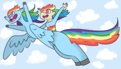 Size: 1350x768 | Tagged: safe, artist:riioleu, rainbow dash, human, pony, g4, flying, reverse