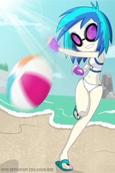 Size: 471x711 | Tagged: safe, artist:charliexe, dj pon-3, vinyl scratch, equestria girls, g4, my little pony equestria girls: better together, beach, beach ball, belly button, bikini, blurry, clothes, feet, female, fingerless gloves, flip-flops, glasses, gloves, legs, sand, sandals, smiling, solo, swimsuit