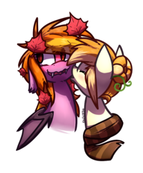 Size: 710x857 | Tagged: safe, artist:crownedspade, oc, oc only, oc:pumpkin patch, oc:pumpkin spice, bat pony, pony, clothes, duo, female, leaf, mare, nuzzling, scarf, simple background, transparent background