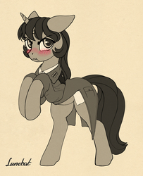 Size: 2522x3106 | Tagged: safe, artist:lunebat, oc, oc only, oc:silver bubbles, pony, unicorn, blushing, clothes, coat, cosplay, costume, embarrassed, high res, looking at you, pouting, rearing, solo, tailcoat, three quarter view, uniform