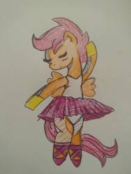 Size: 780x1040 | Tagged: safe, artist:dinkyloo, scootaloo, pegasus, pony, g4, ballerina, ballet slippers, bipedal, clothes, eyes closed, female, filly, leotard, scootarina, solo, traditional art, tutu
