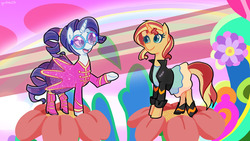 Size: 1280x720 | Tagged: safe, artist:gintoki23, rarity, sunset shimmer, pony, unicorn, equestria girls, friendship through the ages, g4, clothes, colored pupils, cute, duo, equestria girls ponified, flower, glasses, holes, implied the beatles, open mouth, ponified, ponytail, raribetes, scene interpretation, shimmerbetes, sunglasses, yellow submarine