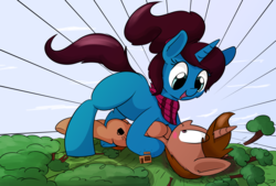 Size: 3496x2362 | Tagged: safe, artist:taurson, oc, oc only, oc:altus bastion, oc:coffee, pony, commission, cute, duo, female, forest, giant pony, high res, macro, male, mare, smiling, stallion, tree