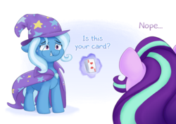 Size: 8890x6285 | Tagged: safe, artist:adequality, artist:pucksterv, starlight glimmer, trixie, pony, unicorn, g4, absurd resolution, cape, card, clothes, female, hat, lesbian, magic, mare, ship:startrix, shipping, shipping denied, simple background, trixie's cape, trixie's hat