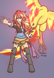 Size: 1136x1630 | Tagged: safe, artist:fatamorganaedic, sunset shimmer, moltres, equestria girls, g4, boots, clothes, dress, fiery shimmer, jacket, leather, leather jacket, poké ball, pokémon, pokémon trainer, shoes, socks, thigh boots, thigh highs