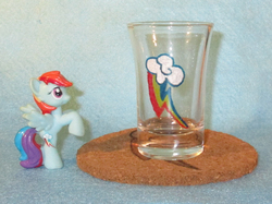 Size: 1895x1421 | Tagged: safe, artist:malte279, rainbow dash, g4, coaster, cork, craft, cutie mark, glass, glass painting, pyrography, shot glass, traditional art