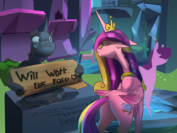 Size: 2000x1500 | Tagged: source needed, safe, artist:alumx, princess cadance, oc, oc:chance, changeling, g4, changeling oc, crystal empire, cutie mark, glare, glaring daggers, jewelry, narrowed eyes, poker face, regalia, sign, sitting, will x for y