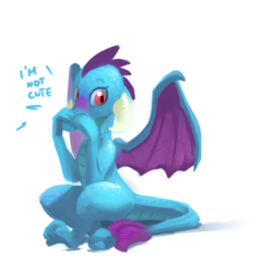 Size: 2392x2512 | Tagged: safe, artist:remi721, princess ember, dragon, g4, blatant lies, blushing, covering mouth, cute, dialogue, dragoness, embarrassed, emberbetes, female, high res, i'm not cute, lies, looking at you, simple background, sitting, solo, spread wings, three quarter view, white background, wide eyes, wings