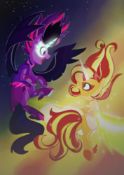 Size: 1280x1810 | Tagged: safe, artist:gintoki23, sci-twi, sunset shimmer, twilight sparkle, pony, equestria girls, g4, my little pony equestria girls: friendship games, daydream shimmer, duo, equestria girls ponified, female, midnight sparkle, open mouth, ponified, profile