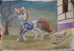 Size: 1554x1078 | Tagged: safe, artist:varwing, oc, oc only, oc:littlepip, pony, unicorn, fallout equestria, building, clothes, cutie mark, fanfic, fanfic art, female, hooves, horn, jumpsuit, mare, pipbuck, solo, traditional art, tree, vault suit