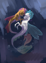 Size: 1560x2142 | Tagged: safe, artist:varwing, scootaloo, terramar, seapony (g4), g4, bubble, cute, eyes closed, female, floppy ears, grin, hug, interspecies, jewelry, male, necklace, nuzzling, pearl necklace, seaponified, seapony scootaloo, ship:terraloo, shipping, smiling, species swap, straight, underwater