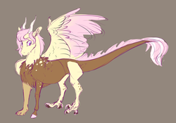 Size: 4129x2897 | Tagged: safe, artist:varwing, oc, oc only, oc:panacea, draconequus, hybrid, brown background, draconequus oc, female, gift art, interspecies offspring, looking sideways, offspring, one wing out, parent:discord, parent:fluttershy, parents:discoshy, simple background, solo