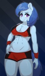 Size: 2338x3886 | Tagged: safe, artist:omegaozone, oc, oc only, oc:raylanda, earth pony, anthro, abs, anthro oc, belly button, blushing, breasts, clothes, female, high res, looking at you, shorts, solo, sports bra, sports panties, wristband
